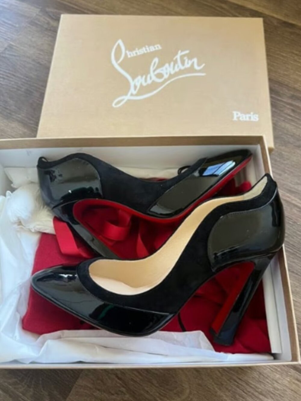 Brand New Christian Louboutin Maud Suede and Patent Leather Chunky Heels 35